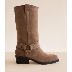 Steve Madden Western Moto Harness Boots Tan Suede Mid Calf Block Heel Size 8